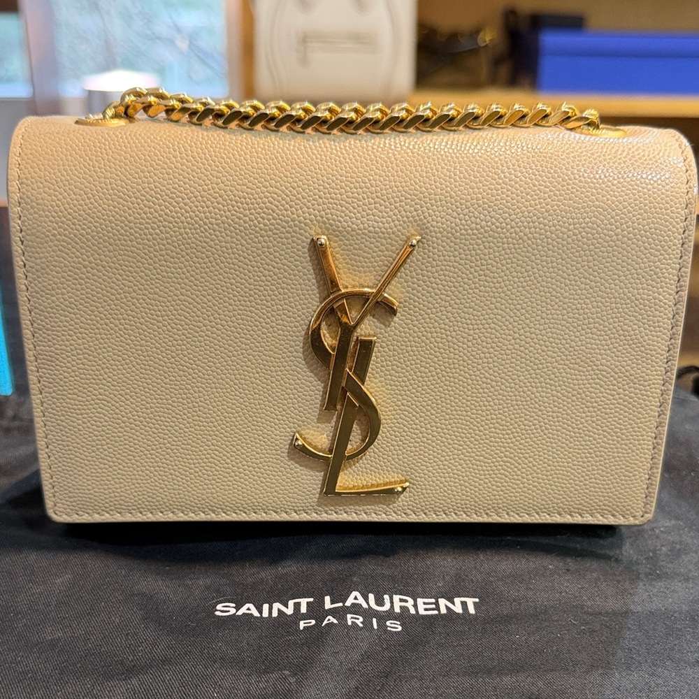Saint Laurent Beige Leather Crossbody with Gold YSL Logo